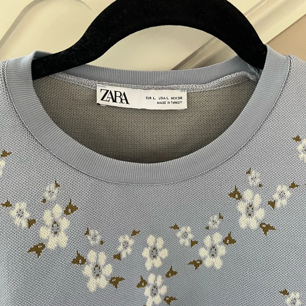 Zara Light Blue Floral Puff Sleeve Blouse